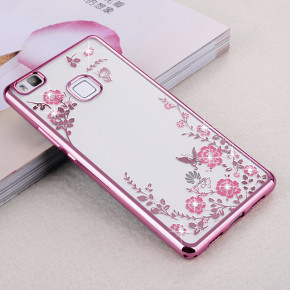 Луксозен силиконов гръб ТПУ ултратънък с 3D камъни и златисто розов кант за Huawei P9 Lite / Huawei VNS-L21 розови цветя 